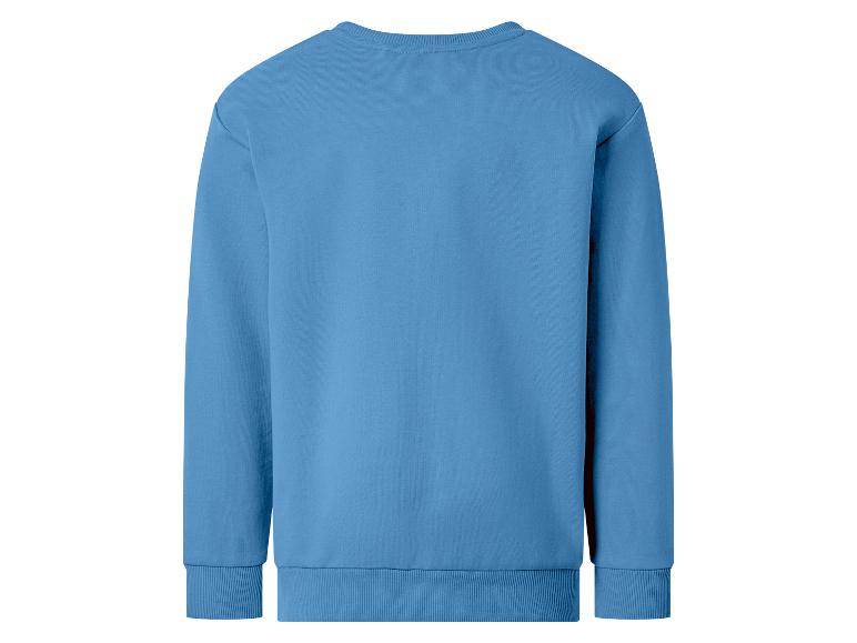 Blaues Langarm-Sweatshirt mit Rundhalsausschnitt, Rückansicht.