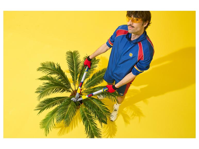 Mann in Sportkleidung schneidet eine Palme mit Gartenschere vor gelbem Hintergrund.