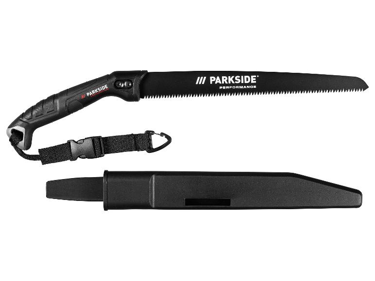 Eine schwarze Säge mit Scheide der Marke Parkside.