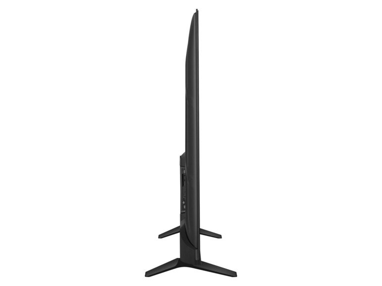 Seitenansicht eines schwarzen Fernsehers mit Standfuß.