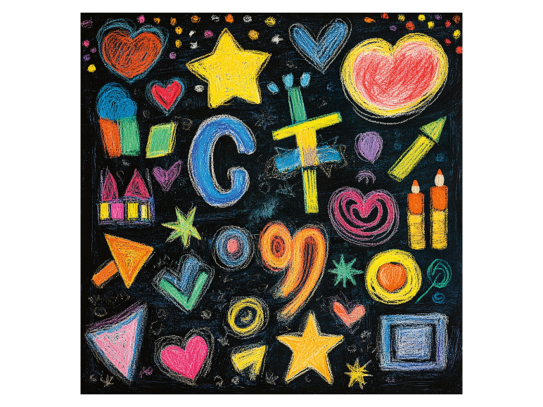 Kinderzeichnungen: Herzen, Sterne, geometrische Formen und bunte Buchstaben.