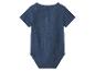 Dunkelblauer Baby-Body mit kurzen Ärmeln und Knöpfen am Rücken.