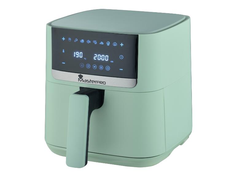 MasterPro Heißluftfritteuse: mintgrünes Küchengerät mit digitalem Display.