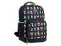 Schwarzer Rucksack mit pixeligem Videospiel-Charakterdruck und grünen Akzenten.