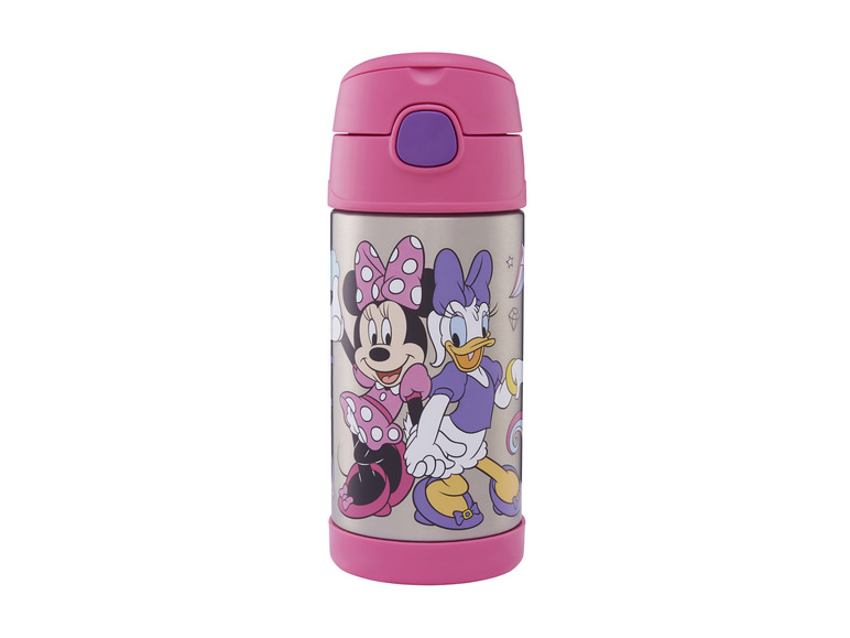 Eine rosa Thermoskanne mit Minnie Mouse und Daisy Duck.