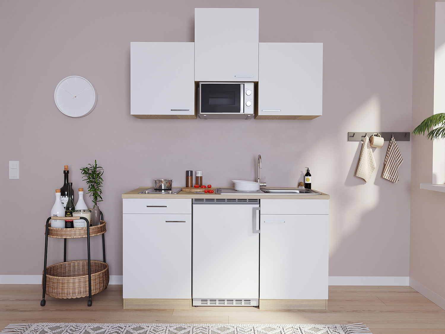 Respekta Singleküche Eiche Sonoma Sägerau 150/160/180cm (mit Mikrowelle, weiß mit Glaskeramikkochfeld, Breite 150cm) | 04260344973941