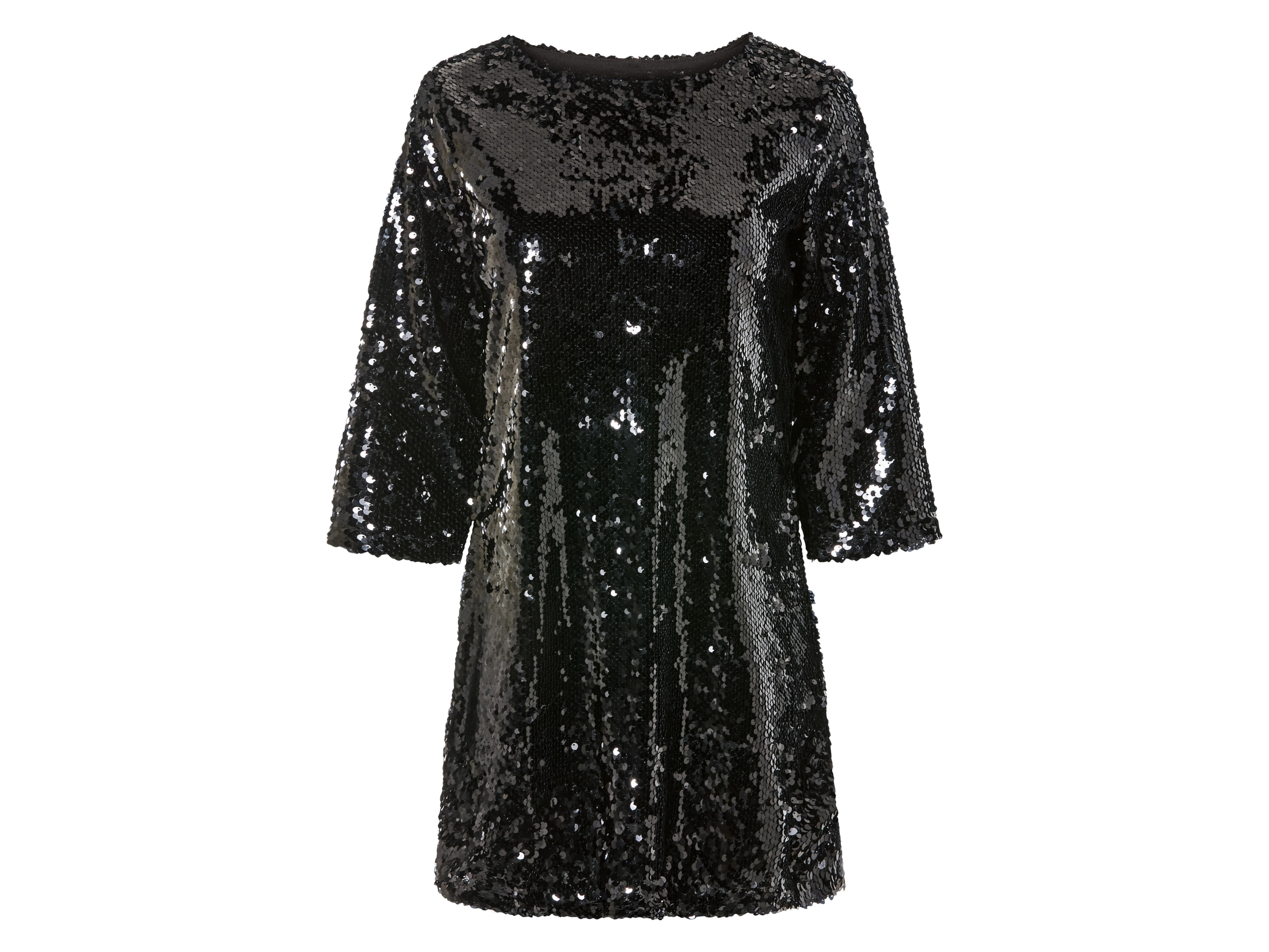 esmara® Damen Kleid Pailletten (Schwarz, M(40/42))““ | schwarz, silber: Rundhalsausschnitt Kragenform: – Ärmellänge: navy, silber: 3/4-Ärmeln Länge: – Material: Polyester Pflegehinweis: Handwäsche nicht bleichen nicht im Wäschetrockner trocknen nicht bügeln nicht trockenreinigen Größe: XS 32/34 – L 44/46 Meine Lidl-Größe – so einfach gehts Deine Größe findest du in der Lidl-Größentabelle . Oeko-Tex® Standard 100 Geprüft auf Schadstoffe Zertifizierungsnummer: Shgo 108733 Testex Standard 100 by Oeko-Tex® ist die weltweit bekannteste, unabhängige Zertifizierung schadstoffgeprüfter Textil- und Lederprodukte aller Art – vom Garn und den Stoffen bis hin zum gebrauchsfertigen Artikel. Das Label bestätigt