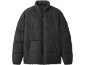 Schwarze Steppjacke mit Reißverschluss und Stehkragen.