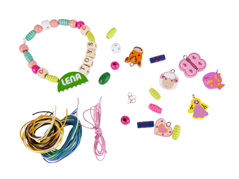 Bunte Perlen, Schnüre und Anhänger zum Basteln von Kinderschmuck.