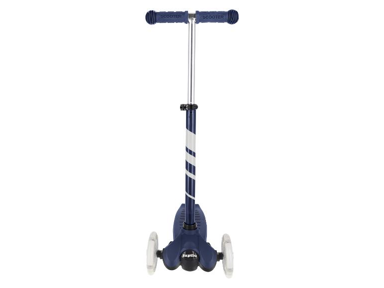 Blauer Lupilu Dreirad-Roller mit weißen Streifen und der Aufschrift „SCOOTER“ am Lenker.