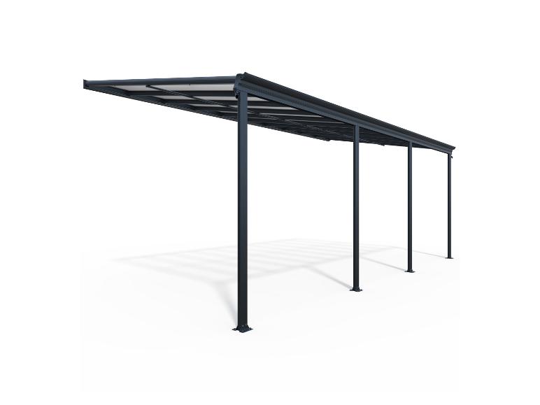 Langes dunkelgraues Carport oder Terrassenüberdachung mit lichtdurchlässigem Dach und vier Stützpfosten.