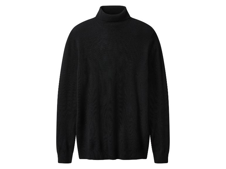 Schwarzer Rollkragenpullover aus Strick, flach liegend.