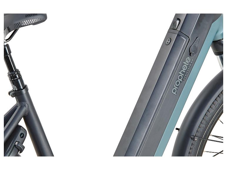 Detail eines Prophete Geniesser 4.0 E-Bikes mit Akku und Sattel.