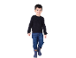 Junge in dunkelblauem Pullover, Jeans und Gummistiefeln.