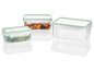 Drei transparente Aufbewahrungsboxen mit grünem Rand, gefüllt mit Obst und Salat.