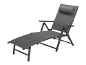 Graue Gartenliege und -stuhl, klappbar.