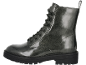 Dunkelgrauer Kampfstiefel mit Schnürsenkeln und klobiger Sohle.