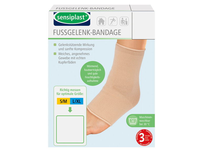 Fußgelenkbandage von Sensiplast mit stützender Wirkung und sanfter Kompression.