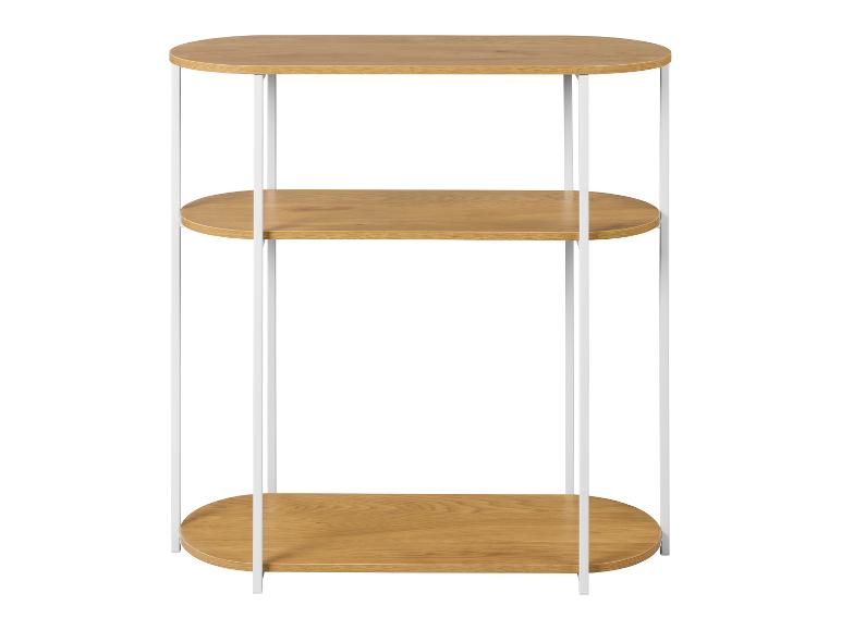 Dreistöckiges Holzregal mit weißem Metallrahmen