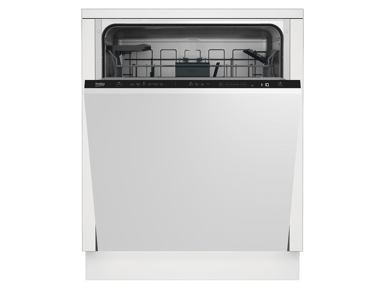 Ein silberfarbener Geschirrspüler von Beko mit offener Tür.