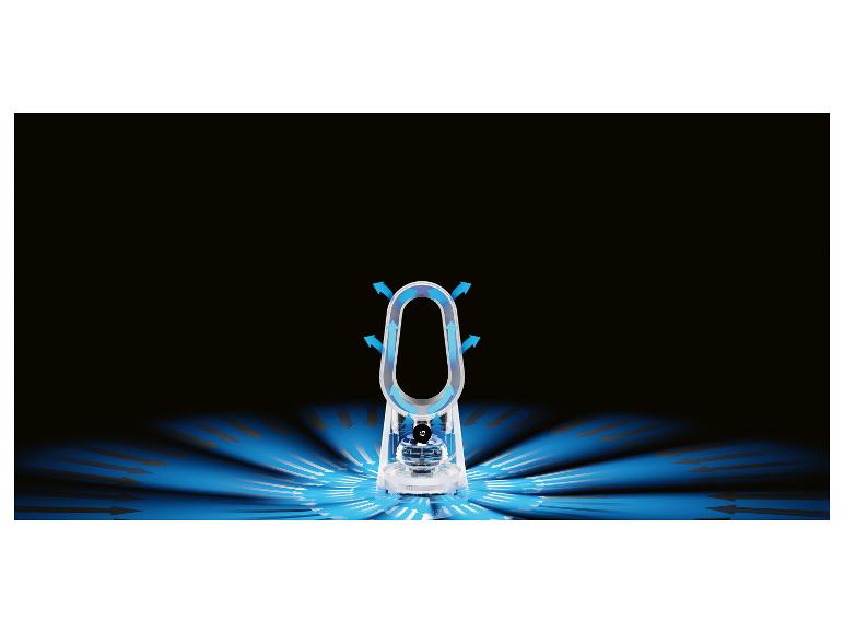 Blattloser Ventilator mit blauem, gerichtetem Luftstrom auf schwarzem Hintergrund.
