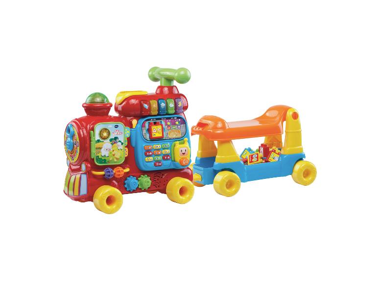 Rote Lokomotive und Waggon mit Bausteinen, Lernspielzeug für Kinder.