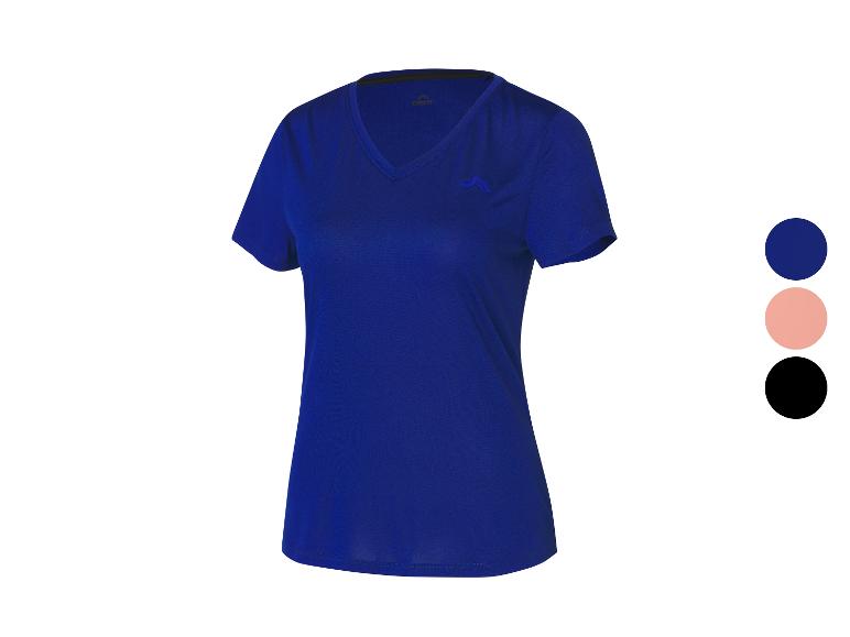 Damen-T-Shirt mit kurzen Ärmeln in Blau, Rosa und Schwarz.