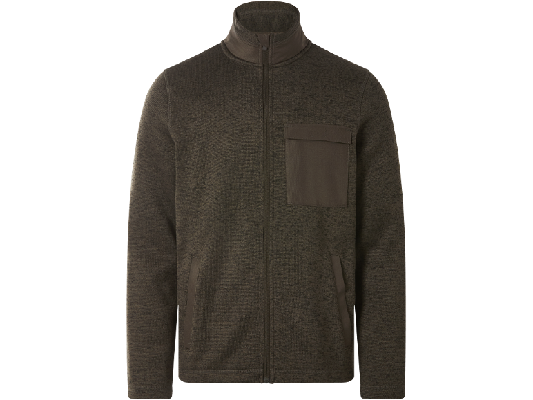 Dunkelgrüne Herrenjacke mit Reißverschluss, Stehkragen und Brusttasche.