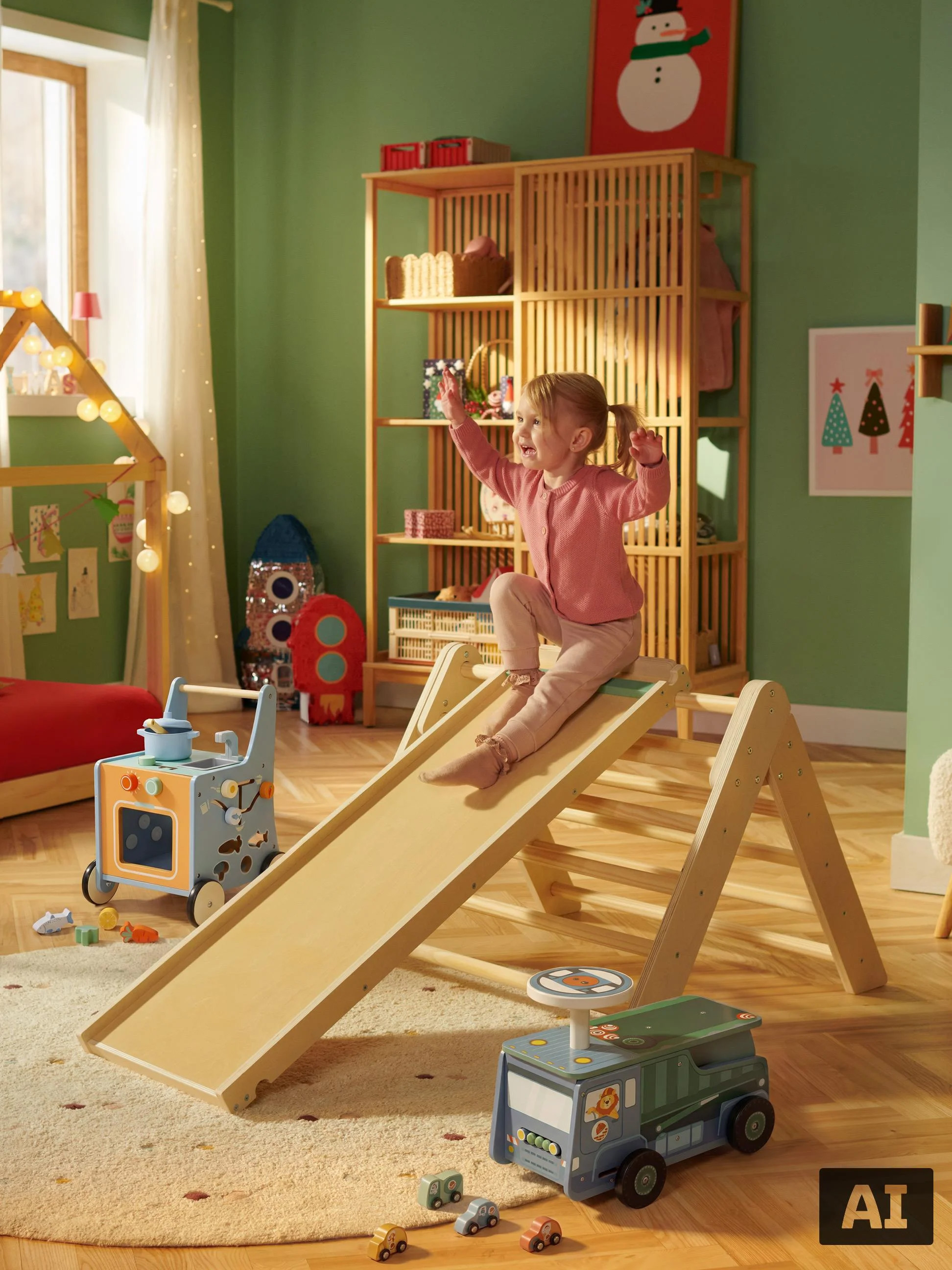Kleinkind spielt auf einem Kletterdreieck aus Holz mit Rutsche im Kinderzimmer.