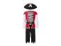 Kinder-Piratenkostüm mit roter Weste, gestreiftem T-Shirt, schwarzer Hose und Totenkopfhut.