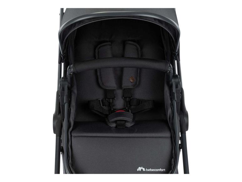 Schwarzer Kinderwagen mit Sicherheitsgurt und Schutzbügel