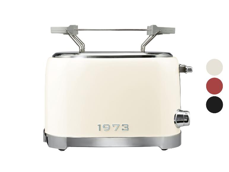 Cremefarbener Retro-Toaster mit Chromakzenten und Brötchenaufsatz, mit Farbmustern.