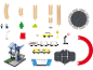 Holzeisenbahn-Spielset mit Schienen, Fahrzeugen, Figuren und Zubehör.