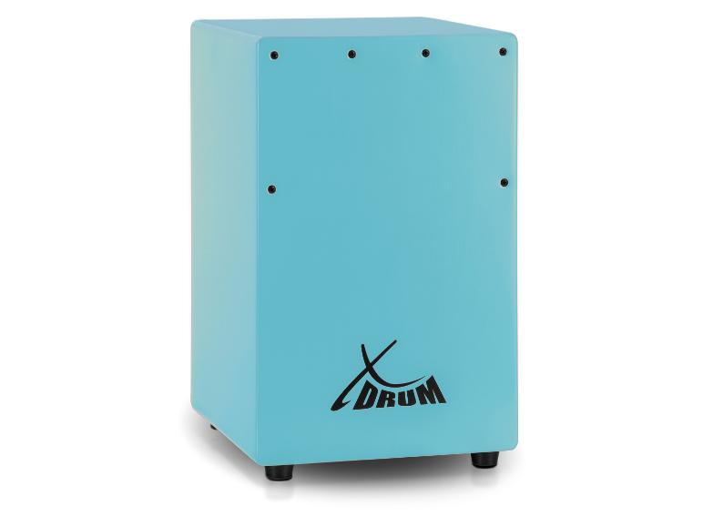 Türkiser X-DRUM Cajon mit schwarzen Schrauben und Gummifüßen.