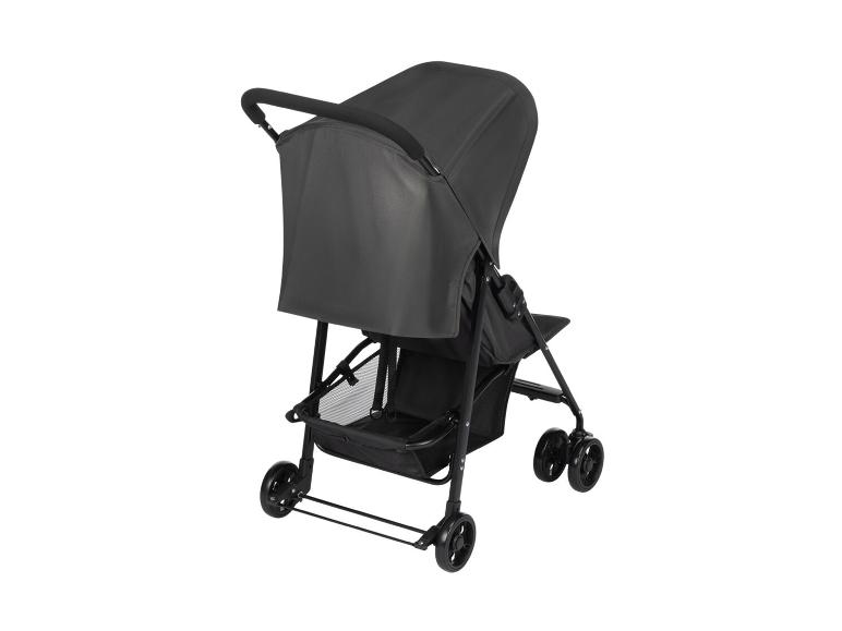 Schwarzer Kinderwagen mit Verdeck und Einkaufskorb.