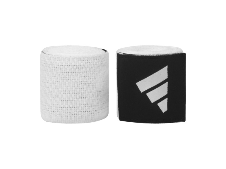 Zwei weiße Sportbandagen mit einem schwarzen Adidas-Logo.