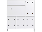 Weiße Schrankrückwand mit Kabeldurchlässen.
