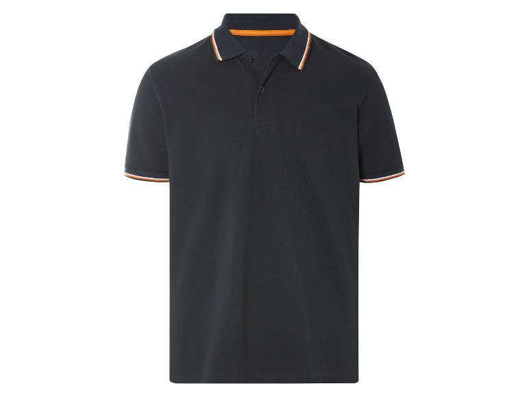 Dunkelblaues Poloshirt mit orange und weißem Rand.