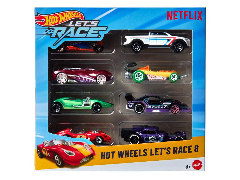 Hot Wheels Let's Race 8er-Pack Spielzeugautos, darunter ein roter Rennwagen und ein weißer Pickup.