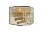 Home Deluxe Innensauna mit hellen Holzwänden und Glasfront, mit Bänken und Ofen.