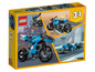 LEGO Creator 3-in-1-Set mit einem blauen Motorrad, einem Rennwagen und einem Buggy.