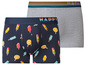 Zwei Boxershorts: eine mit Eiscreme- und Zitronen-Motiv und eine graue mit dem Schriftzug 'Happy'.
