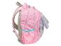 Rosa Rucksack mit silbernen Punkten und einem grauen Plüschhasen, Seitenansicht.