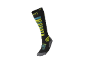 Schwarze Sportsocken mit gelben und blauen Streifen und grauer Spitze