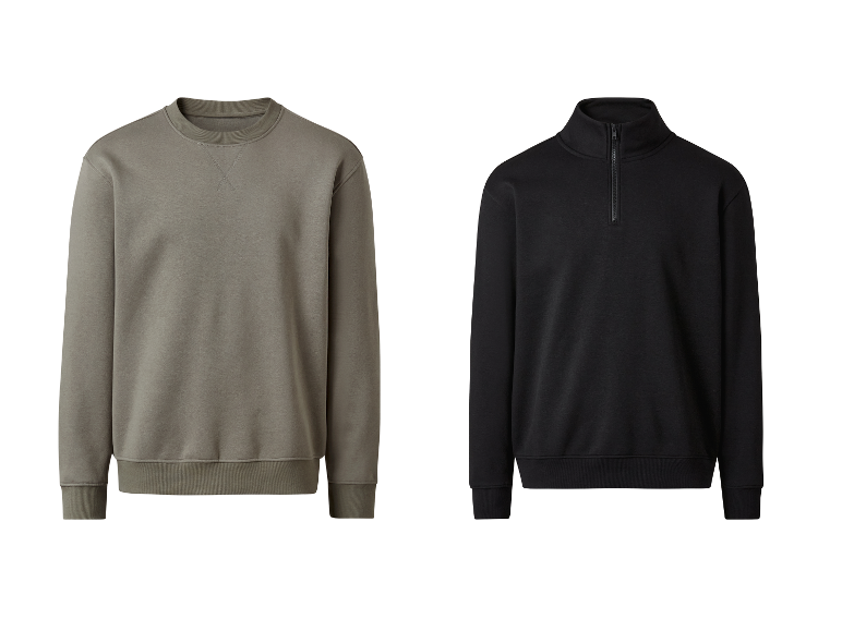 Rundhals- und Reißverschluss-Sweatshirts in Grau und Schwarz.