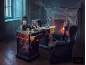 Halloween-Arbeitszimmer mit Schreibtisch, Stuhl, Kamin und gruseligen Dekorationen wie Totenköpfen und Spinnweben.