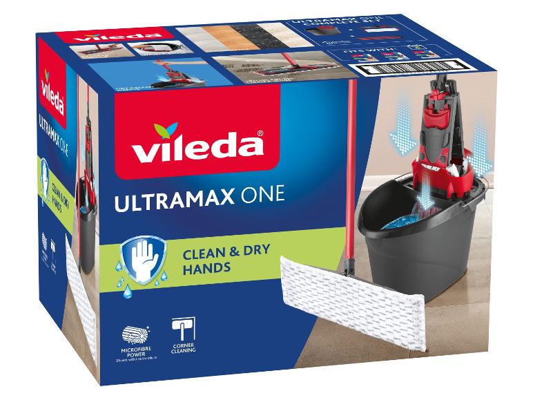 Ultramax One Reinigungsset mit Mopp, Eimer und Ersatzbezug, das saubere und trockene Hände verspricht.