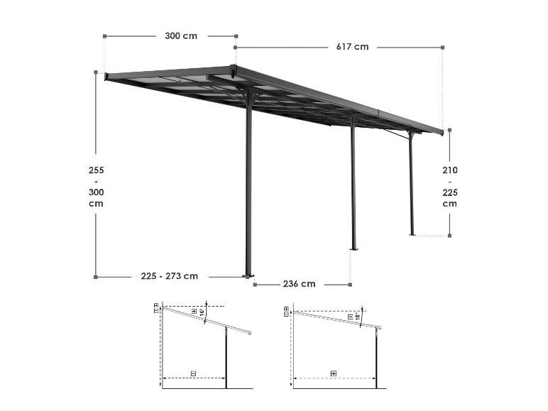 Terrassenüberdachung oder Carport mit Maßen und Neigungswinkeln von 10° und 16°.