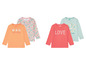 Zwei Lupilu Langarmshirts mit Blumenmuster und dem Schriftzug 'LOVE'.
