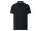 Dunkelblaues Kurzarm-Poloshirt mit gestreiftem Kragen und Ärmelbündchen, Rückansicht.